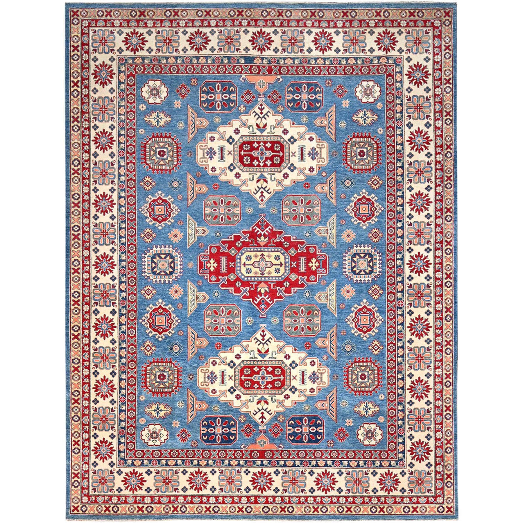 Lichen Blue With Atrium White, Densely Woven All Wool, Hand Knotted Kazak With Triple Medallions, Natural Dyes, Oriental Rug